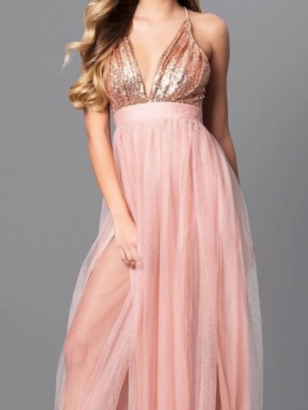 Luxxel Rose Gold Sequin Bodice Tulle Skirt Maxi Formal Gown Size S